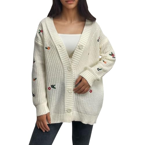 Generisch Strickjacke Damen Stickerei Winter Strickjacken Für Damen Grobstrick Warm Mit Knöpfen Strickjacke V Ausschnitt Dicke Strickmantel Frauen Elegant Bestickt Grobstrickjacke Langarm Cardigan von Generisch