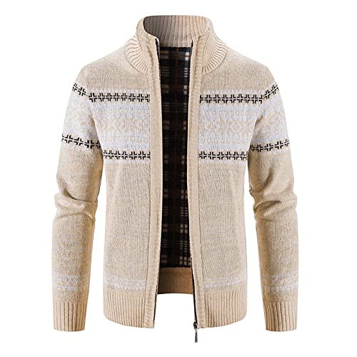 Generisch Strickjacke Herren, Langarm Festival Cardigan Outdoor Sweatshirt Warm Mit Reißverschluß Und Taschen Janker Herren Gefüttert Cardigan Schwarz Kurz Baumwolle Sweatshirt Pullover (L, Beige) von Generisch