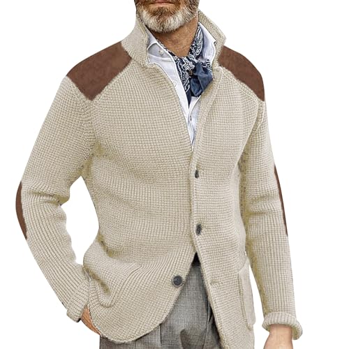 Generisch Strickjacke Herren Elegant, Langarm Cardigan Sweatjacke Feinstrick Winter Mit Knopfleiste Und Taschen Wolle Pullover Reißverschluss Cardigan Reissverschluss Pullover (XL, Beige) von Generisch