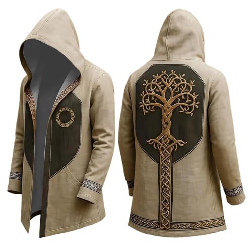 Generisch Strickjacke Herren Wikinger Cosplay Halloween Damen Mittellanger Kapuzenpulli mit Motorradjacke Langarm lässige Streetwear Alltag Frühling 3D Gedruckt Umhänge Mittelalterliches S-4XL von Generisch