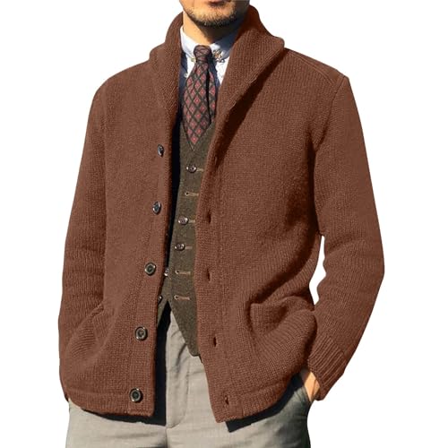 Generisch Strickjacke Herren Winter, Trachtenjacke Gestrickt Cardigan Wintermantel Dünne Jacke Mit Taschen Wikinger Pullover Weste Elegant Sportlich Rennoverall Wolle Pullover (L, Khaki) von Generisch