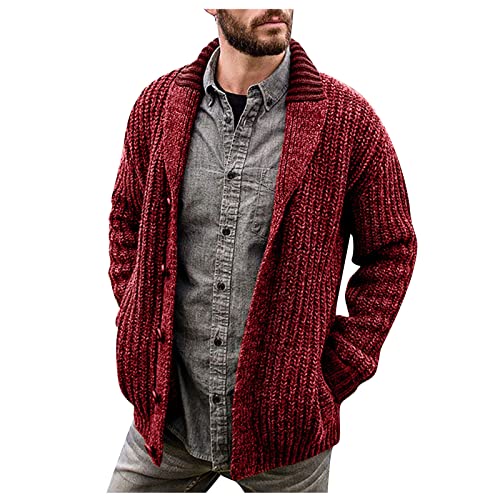 Generisch Strickjacke Herren Wolle, Mit Schalkragen Männer Button Down Zopfmuster Sweatjacke Winter Warmer Strickpullover Langarm Cardigan Sweater Reissverschluss Lammfell Pullover (L, Red) von Generisch
