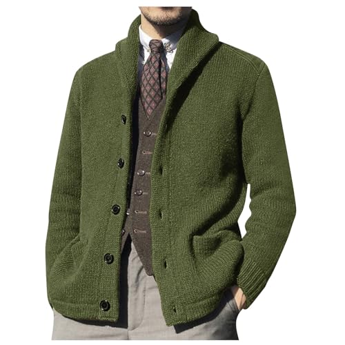 Generisch Strickjacke Herren Wolle, Winter Trachtenjacke Gestrickt Cardigan Wintermantel Dünne Jacke Mit Taschen Wikinger Pullover Schalkragen Reißverschluss Oktoberfest Sweatshirt (XXL, Armeegrün) von Generisch