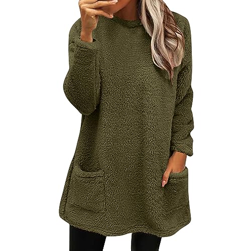 Generisch Strickjacke Weihnachten,Damen Lang Teddy Fleece Flauschig Pulli Lockeres Weich Winter Warm Sweatshirt Ohne Kapuze Einfarbig Lose Plüsch Oversize Casual Fleecepulli Mit Taschen von Generisch