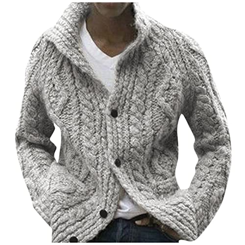 Generisch Strickjacke Wolle Herren, Mit Schalkragen Männer Button Down Zopfmuster Sweatjacke Winter Warmer Strickpullover Langarm Cardigan Sweater Herren Cardigan Strickjacken Pullover (XL, Grau) von Generisch