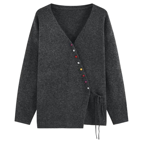 Generisch Strickjacken Damen Cardigan Herbst Winter Leichte Jacke Langarm V-Ausschnitt Mit Taschen Strickmantel Strickpullover Elegant Pullover Grau 5XL von Generisch