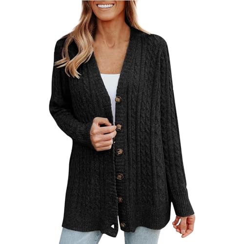Generisch Strickjacken Damen Winter V Ausschnitt Strickjacke Damen Lang Mit Knöpfen Strick Cardigan Damen Grobstrick Mit Zopfmuster Strickjacke Mittellang Elegant Grobstrickjacke Warm Longstrickjacke von Generisch