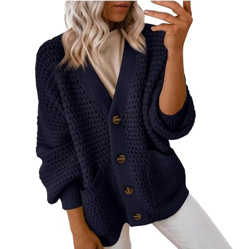 Generisch Strickjacken Für Damen Winter V Ausschnitt Mit Knöpfen Strickjacke Damen Grobstrick Warm Strick Cardigan Damen Langarm Elegant Strickmantel Frauen Einfarbig mit Taschen Dicke Strickjacke von Generisch