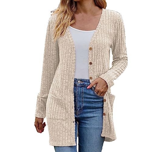 Generisch Strickjacken für Damen Lang Strickjacke mit Knöpfen Open Front Cardigan Elegant Leichte Longstrickjacke Strickmantel Mädchen Langarm Pullover Übergangsjacke Sweater Outwear Baumwolle Jacke von Generisch