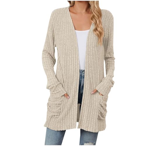 Generisch Strickjacken für Damen Lang Strickjacke mit Knöpfen Open Front Cardigan Elegant Leichte Longstrickjacke Strickmantel Mädchen Langarm Pullover Übergangsjacke Sweater Outwear Baumwolle Jacke von Generisch