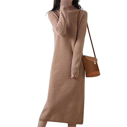 Generisch Strickkleid, Strickkleid Damen Winter Halbhoher Kragen Woll Elegant Lang Reine Farbe Pulloverkleid Herbst Sweater Dress GrüNes Kleid Longpullover Leggings (M, Light Brown) von Generisch