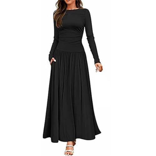 Generisch Strickkleid Damen Herbst Langarm Winterkleider Damen Elegant Lang Wollkleid Rundhals Bodycon Pulloverkleid Kräusaum Knöchellanges Faltenkleid Einfarbig Figurbetontes Pullikleid Sweatkleid von Generisch