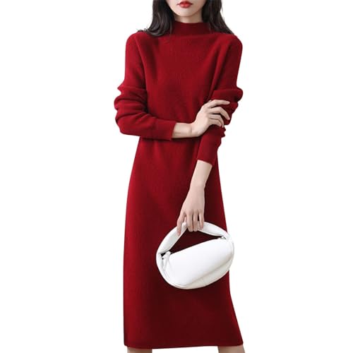 Generisch Strickkleid Damen Lang, Winter Halbhoher Kragen Woll Damen Elegant Lang Reine Farbe Pulloverkleid Sweater Dress Winterkleid Rollkragen Lange Pullover FüR Leggings Outfit (XXL, Red) von Generisch