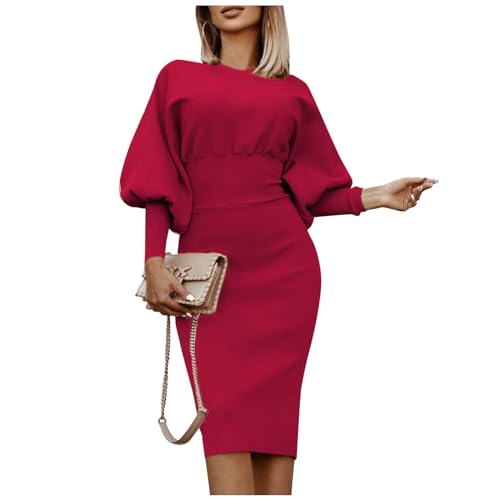 Generisch Strickkleid Damen Lang Baumwolle Pulloverkleid Damen Elegant Langarm Pullover Kleider Midi Frühling Winter Cocktailkleid Laternenärmeln Pullikleid Rundhals Korsett Einfarbig Freizeitkleider von Generisch
