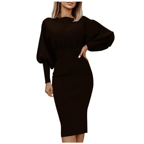 Generisch Strickkleid Damen Lang Baumwolle Pulloverkleid Damen Elegant Langarm Pullover Kleider Midi Frühling Winter Cocktailkleid Laternenärmeln Pullikleid Rundhals Korsett Einfarbig Freizeitkleider von Generisch