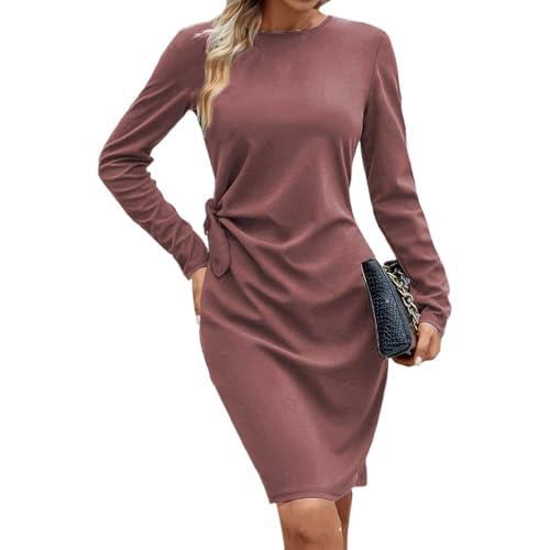 Generisch Strickkleid Damen Lang Figurbetontes Rundhals Damenkleid Elegant Pulloverkleid Langarm Pulli Herbst Winterkleider Freizeitkleid Sweater Dress 4#Rosa XL von Generisch