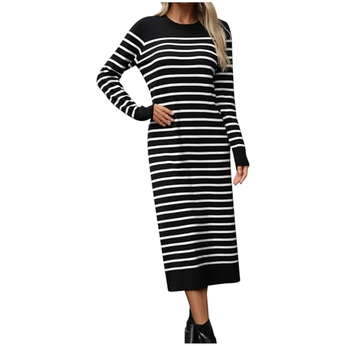 Generisch Strickkleid Damen Rundhals Langarm Pulloverkleid Warm Herbstkleid Winterkleid Lang Tailliertes Freizeitkleid Elegant Midikleid Pullover Kleid von Generisch