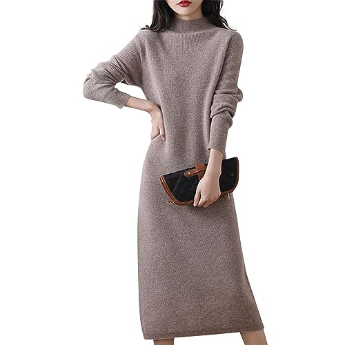 Generisch Strickkleid Damen Winter, Strickkleid Damen Winter Halbhoher Kragen Woll Elegant Lang Reine Farbe Pulloverkleid Herbst Sweater Dress Zweiteiler Strick Langarmkleider Dress (XL, Camel) von Generisch