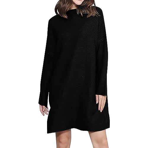 Generisch Strickkleid Damen Winter Oversize Pullover Kleider Damen Langarm Strickpullover Kurz Locker Winterkleid Rundhals Halbhoher Kragen Pullikleid Einfarbig Schlichtes Freizeitkleid Sweatkleid von Generisch