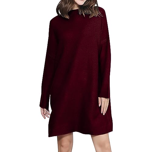 Generisch Strickkleid Damen Winter Oversize Pullover Kleider Damen Langarm Strickpullover Kurz Locker Winterkleid Rundhals Halbhoher Kragen Pullikleid Einfarbig Schlichtes Freizeitkleid Sweatkleid von Generisch