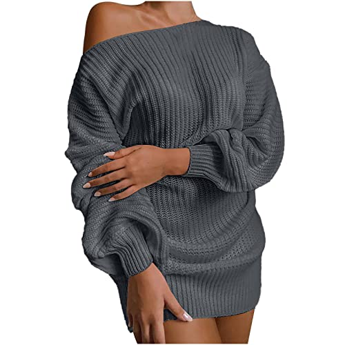 Generisch Strickkleid Damen Winterkleid Elegant Schulterfrei Pulloverkleid Warm Langarm Kleid Strickkleider Lässig Sweatkleid Blusenkleid Pullikleid Frauen Partykleid Outlet Angebote Grau XL von Generisch