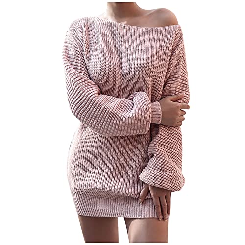 Generisch Strickkleid Damen Winterkleid Elegant Schulterfrei Pulloverkleid Warm Langarm Kleid Strickkleider Lässig Sweatkleid Blusenkleid Pullikleid Frauen Partykleid Sale Damen Rosa M von Generisch