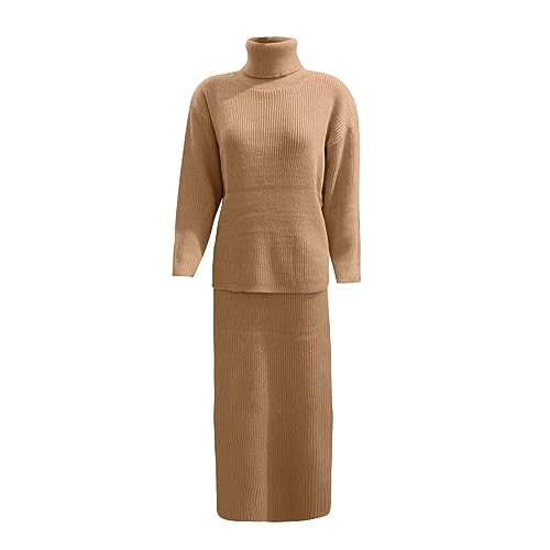 Generisch Strickkleid Damen Zweiteiliger Anzug Pullover Oberteil Und Midi Strickrock 2 Stück Set Langarm Strickpullover Und Rock Set Winter Warm Maxikleid Einfarbig Pulloverkleid von Generisch