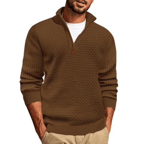 Generisch Strickpullover, Herren 1/4 Zip Mock Neck Strickpullover Sweater Männer Winter Basic Polo Pulli Rollkragen Schwarz Pullover Rundhals Tshirt Troyer (M, Tiefrot) von Generisch