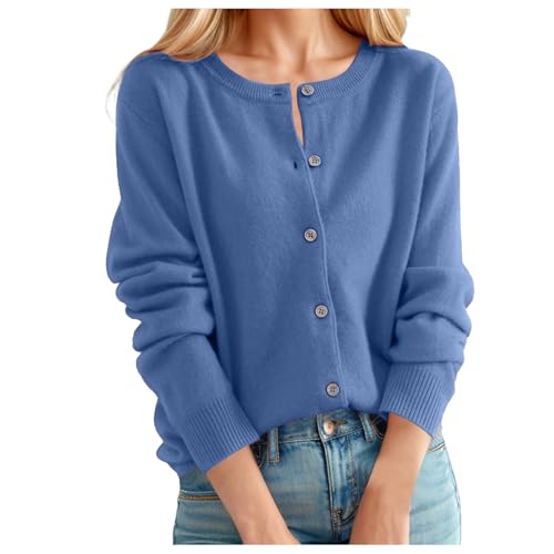 Generisch Strickpullover Damen, Strickjacke Damen Kurz Cardigan Elegant Pullover Rundhals Herbst Strickpullover Mit Tasche Langarm Y2K Strickweste Für Teenager Mädchen, Sky Blue, M von Generisch