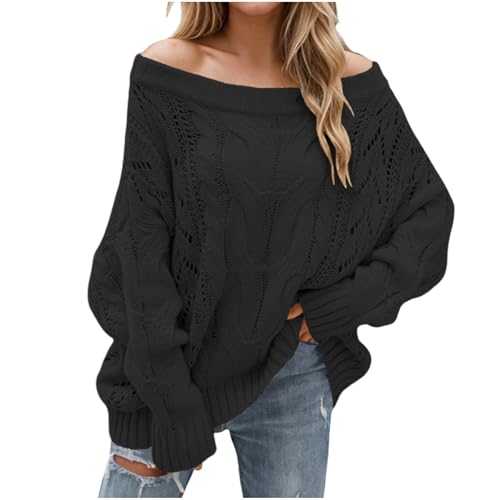 Generisch Strickpullover Damen Einfarbig Slash Neck Pullover Lang Schulterfrei Pulli Locker Aushöhlen Sweatshirt Autumn Grobstrick Longpullover Winter Langarm Sweater Modsich Warm Winterpullover von Generisch
