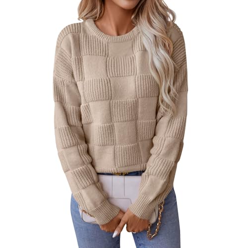 Generisch Strickpullover Damen Grobstrick Pulli Damen Winter Dicke Pullover Damen Elegant Kariert Damenpullover Langarm Zopfmuster Winterpullover Damen Warm Winterpulli Einfarbig Strickpulli Rundhals von Generisch