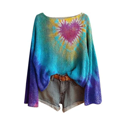 Generisch Strickpullover Damen Herbst Pullover Langarm Rundhals Strickwaren Tops Boho Vintage Strickpulli Locker Bequem Pulli Sweater Langarmshirt Blumenmuster Oberteil Bluse Große Größen Damenpullis von Generisch