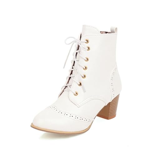 Generisch Stylische Damen-Stiefeletten Spitze Stiefeletten Mit Klobigem Absatz Herbst/Winter Schnürschuhe Mit Hohem Absatz Anzugschuhe(White,36) von Generisch