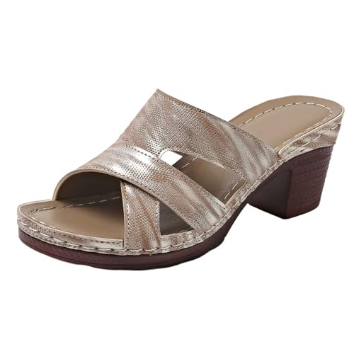 Generisch Stylische Damenpantoffeln mit Zehenfreies Design 7 cm Keilabsatz ideal für Freizeit Urlaub Strand schicke Outfits im Sommer (Khaki, 37) von Generisch