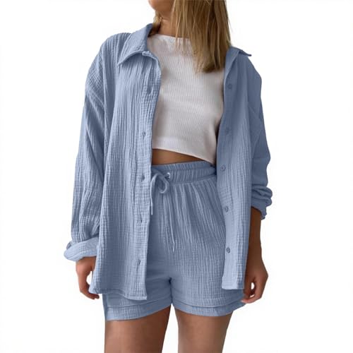 Generisch Summer Zweiteiler Damen Musselin Bluse Set Musselin Bluse Damen, Elegant Leinen Sommer Zweiteiler Bluse Shorts, Kurze Leinen-Sets for Damen Strand Y2k Clothes (Hellblau, L) von Generisch