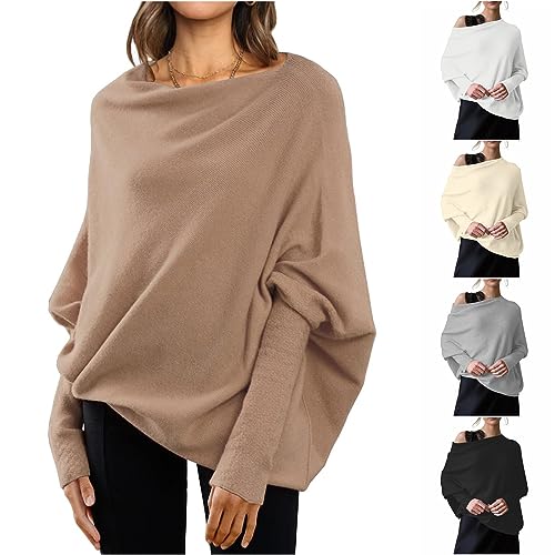 Generisch Sweat Shirts, Damen Pullover Schulterfrei FledermausäRmel LäSsig Solide Farbe Herbst Und Winter Sweater Top Strickpullover Umstandsmode Leicht Gestrickter Hoodie Pullover (XL, Brown) von Generisch