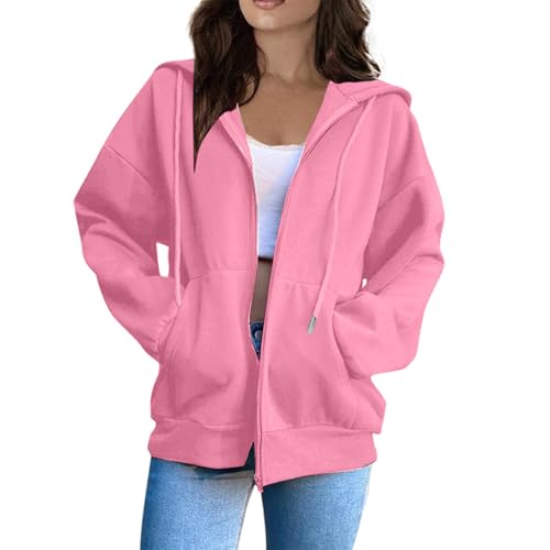 Generisch Sweatjacke Damen,Zipper Hoodie Damen Langarm Kapuzenjacke Sweatjacke Oversize Reißverschluss Baumwoll Sweatshirt Einfarbig Herbst Jacken Y2k Kapuzenpullover,Hoody mit Kapuze,Sommerjacke von Generisch