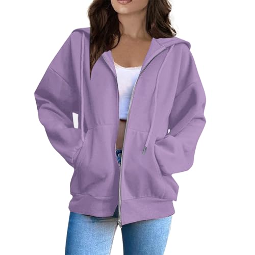 Generisch Sweatjacke Damen,Zipper Hoodie Damen Langarm Kapuzenjacke Sweatjacke Oversize Reißverschluss Baumwoll Sweatshirt Einfarbig Herbst Jacken Y2k Kapuzenpullover,Hoody mit Kapuze,Sommerjacke von Generisch