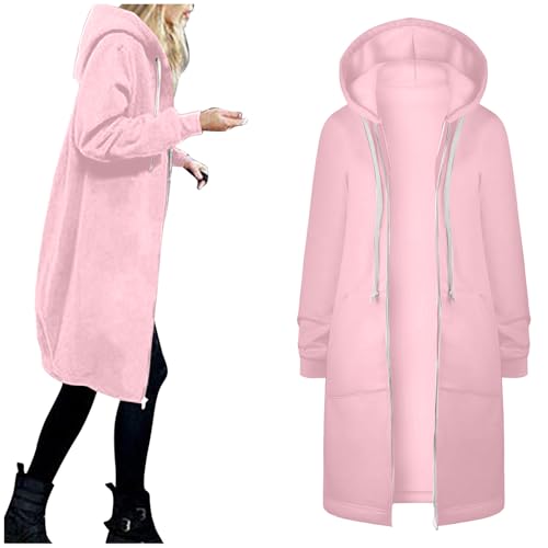 Generisch Sweatjacke Damen Baumwolle Oversize Kapuzenjacke Zip Lang Übergangsjacke Elegant Cardigan Warm Wintermantel Hoodies Jacke Basic Langarm Fleecejacke Mantel Outwear mit Taschen von Generisch