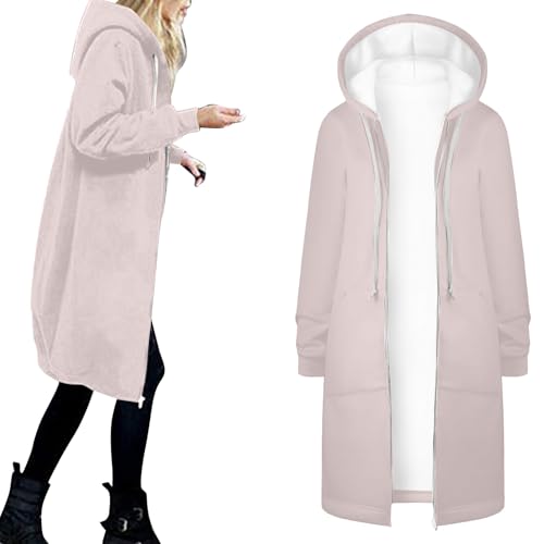 Generisch Sweatjacke Damen Baumwolle Oversize Kapuzenjacke Zip Lang Übergangsjacke Elegant Cardigan Warm Wintermantel Hoodies Jacke Basic Langarm Fleecejacke Mantel Outwear mit Taschen von Generisch