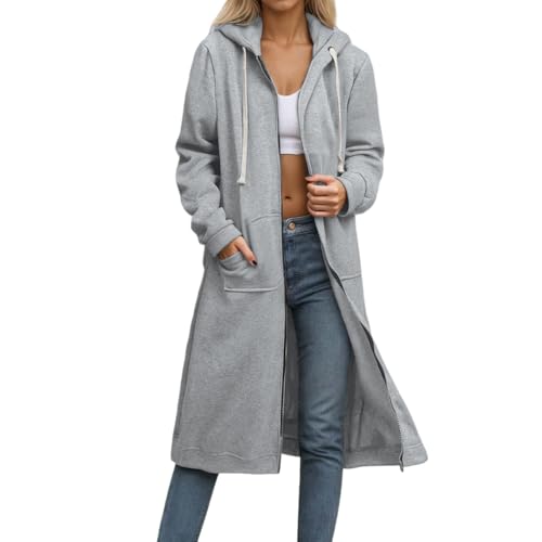 Generisch Sweatjacke Damen Casual Hoodie Mit Kapuze Lang Fleecejacke Herbst Winter Übergangsjacke Warme Einfarbig Kapuzenjacke Kapuzenpullover Mit Reißverschluss Und Taschen Dünne Jacke Damen Grau M von Generisch
