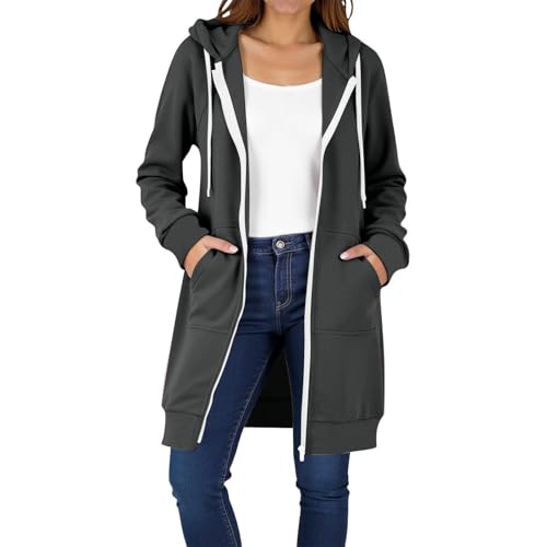 Generisch Sweatjacke Damen Full-Zip Hoodie Einfarbig Zip up Kapuzenpullover mit Taschen und Kordelzug Y2K Mode Lange Oversized Sweatjacke Outwear Langen Mantel Jacke Tops mit Kapuze von Generisch