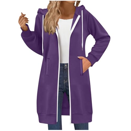 Generisch Sweatjacke Damen Hoodie mit Kapuze Lang Fleecejacke Herbst Winter Übergangsjacke Casual Einfarbig Kapuzenjacke Locker Kapuzenpullover mit Reißverschluss und Taschen von Generisch