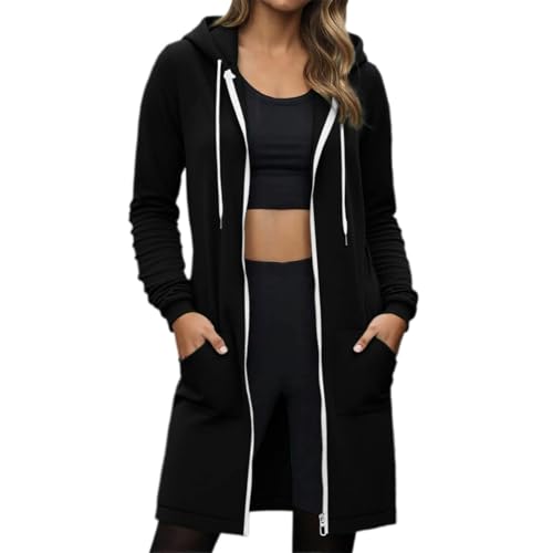 Generisch Sweatjacke Damen Lang Hoodie Oversized Full-Zip Fleecejacke Einfarbig Lässiges Kapuzenpullover Y2K Mode Warm Fallen Winter Übergangsjacke Outwear mit Taschen von Generisch