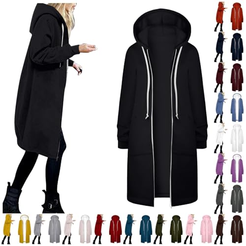 Generisch Sweatjacke Damen Lang Hoodies Oversize Reißverschluss Kapuzenpullover Warm Langarm Einfarbig Elegant Winterjacke mit Taschen Kordelzug Lose Locker Winterjacke Damen von Generisch
