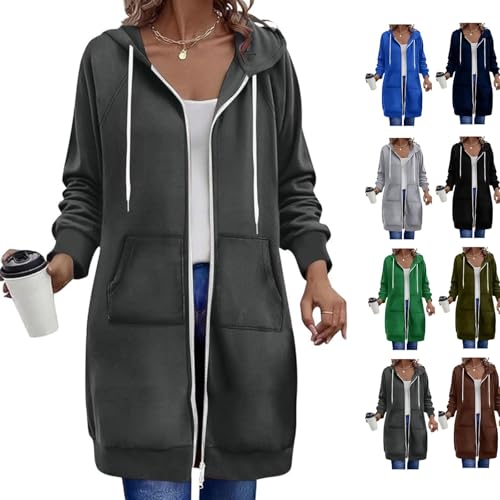 Generisch Sweatjacke Damen Lang mit Kapuze Fleecejacke Herbst Winter Übergangsjacke Casual Einfarbig Kapuzenjacke Oversize Kapuzenpullover mit Reißverschluss und Taschen Dunkelgrau XXL von Generisch