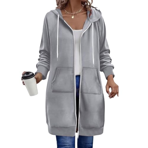 Generisch Sweatjacke Damen Lang mit Kapuze Fleecejacke Herbst Winter Übergangsjacke Casual Einfarbig Kapuzenjacke Oversize Kapuzenpullover mit Reißverschluss und Taschen Grey 3XL von Generisch