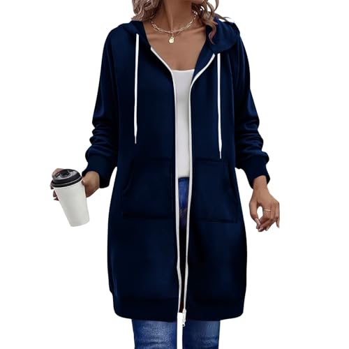Generisch Sweatjacke Damen Lang mit Kapuze Fleecejacke Herbst Winter Übergangsjacke Casual Einfarbig Kapuzenjacke Oversize Kapuzenpullover mit Reißverschluss und Taschen Marine 3XL von Generisch