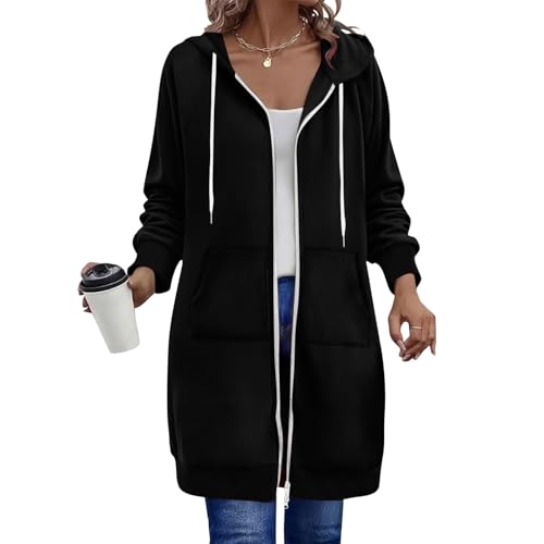Generisch Sweatjacke Damen Lang mit Kapuze Fleecejacke Herbst Winter Übergangsjacke Casual Einfarbig Kapuzenjacke Oversize Kapuzenpullover mit Reißverschluss und Taschen Schwarz M Generisch Sweatjacke Damen Lang mit Kapuze Fleecejacke Herbst Winter Übergangsjacke Casual Einfarbig Kapuzenjacke Oversize Kapuzenpullover mit Reißverschluss und Taschen Schwarz M von Generisch