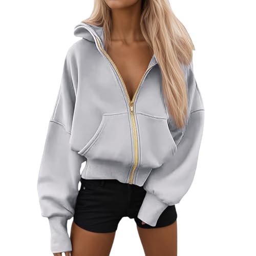 Generisch Sweatjacke Damen Mit Kapuze Oversize Y2K Sweatshirt Jacke Große Größen Zipper Hoodie Ausgefallene Herbst Sportjacke Kapuzenjacke Teenager Mädchen,Grau,L von Generisch